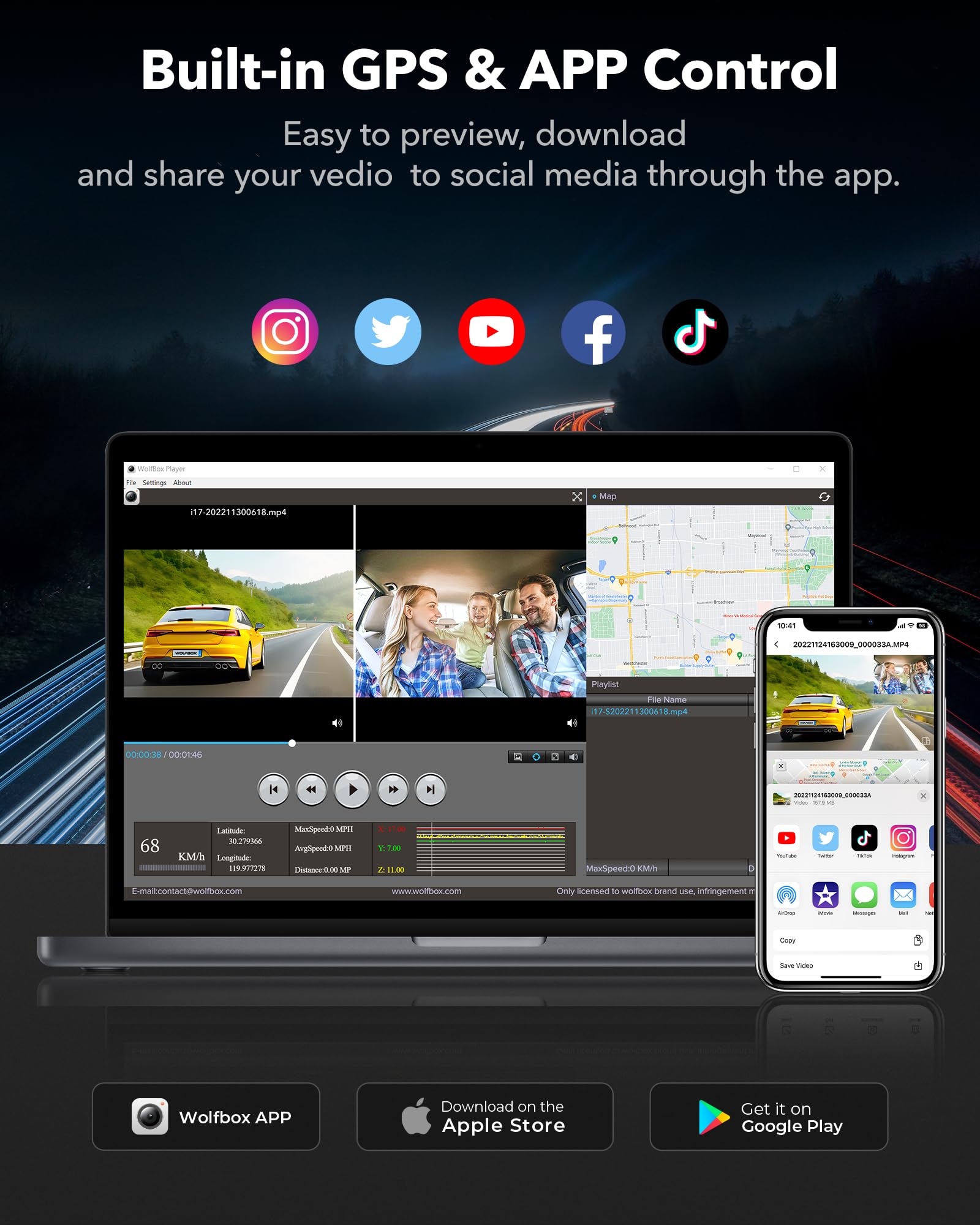 WOLFBOX i17 4K+2.5K 5G WiFi Super IR Night Vision Dash Cam