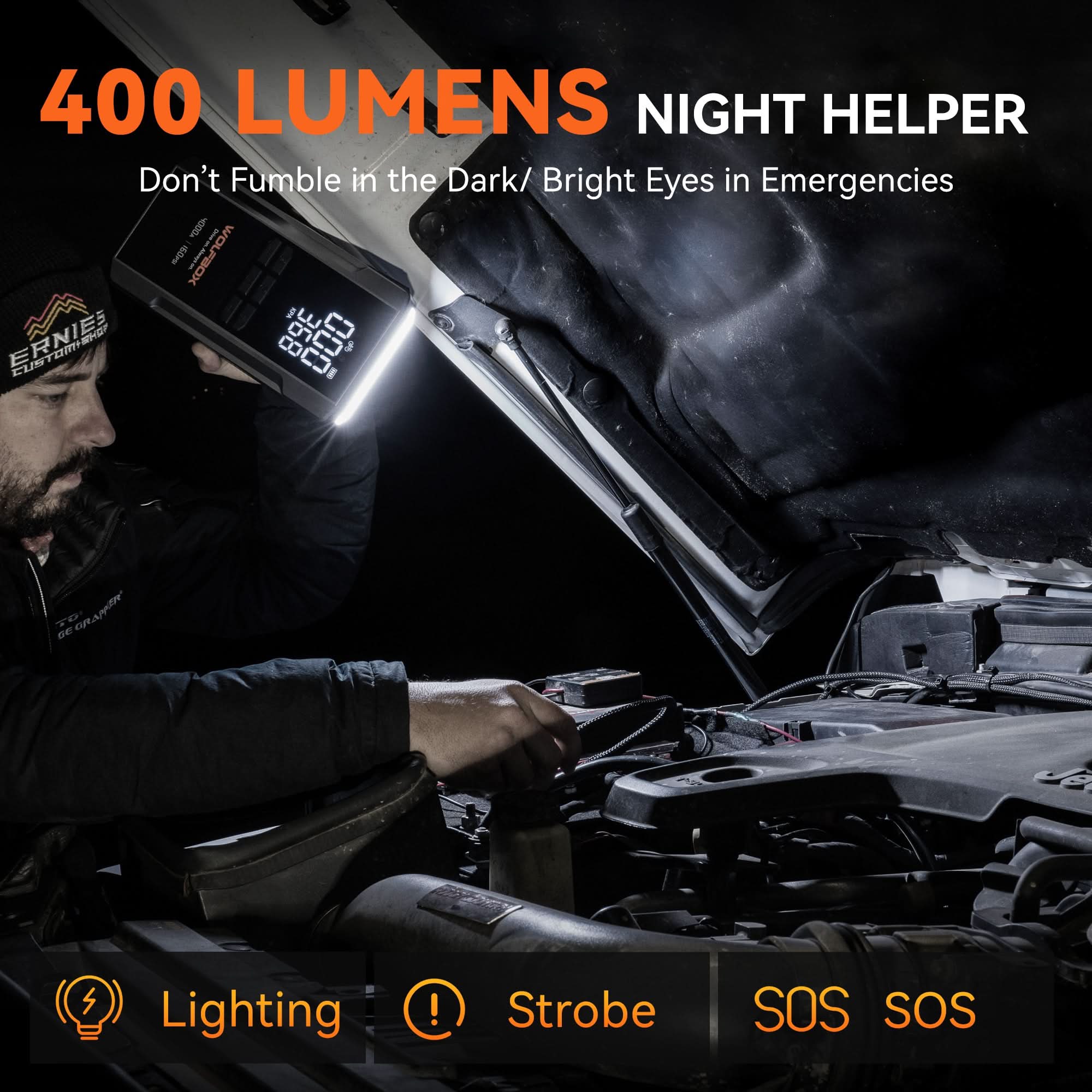 400-Lumens jump starter with air compressor