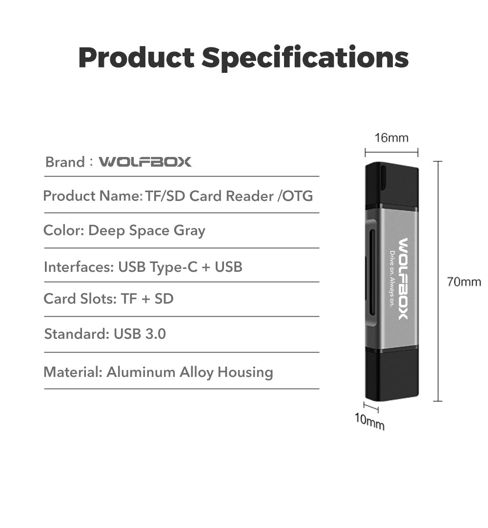 WOLFBOX 2-in-1 Card Reader with USB-C&USB-A Interface
