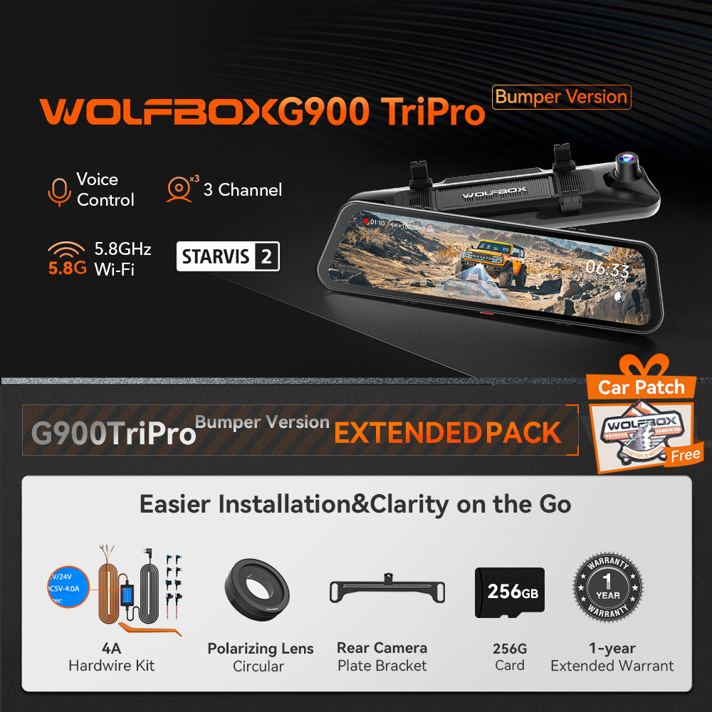 WOLFBOX G900 TriPro Bumper Version 3 Channel Rear View Mirror Camera