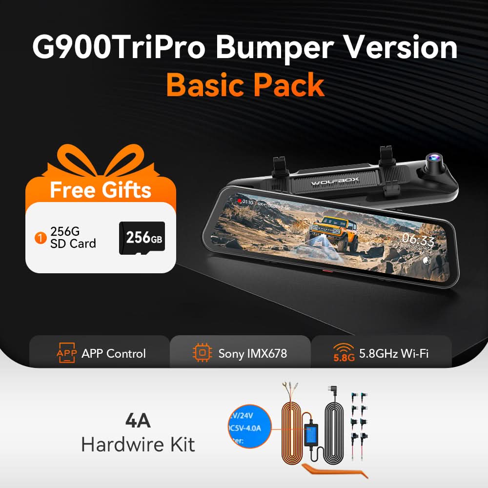 WOLFBOX G900 TriPro Bumper Version 3 Channel Rearview Mirror Camera