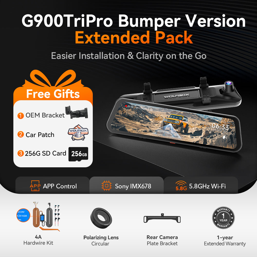 WOLFBOX G900 TriPro Bumper Version 3 Channel Rearview Mirror Camera