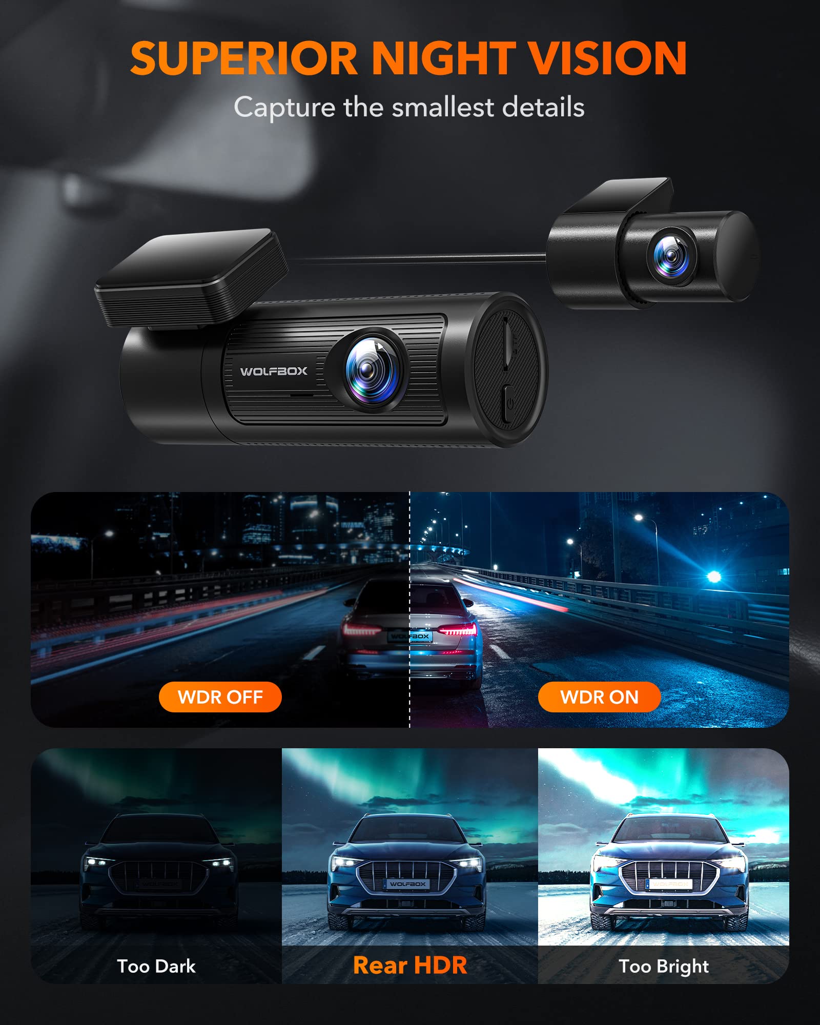 i05 | WOLFBOX Dash Cam Front and Rear, 4K Dash Cam with GPS WiFi UHD 2160P/1600P + 1080P camera wolfboxdashcamera