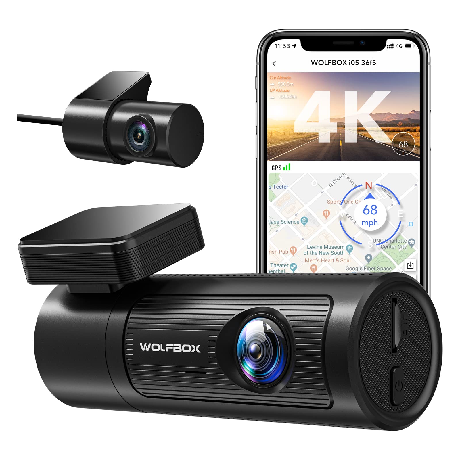 i05 | WOLFBOX Dash Cam Front and Rear, 4K Dash Cam with GPS WiFi UHD 2160P/1600P + 1080P camera wolfboxdashcamera