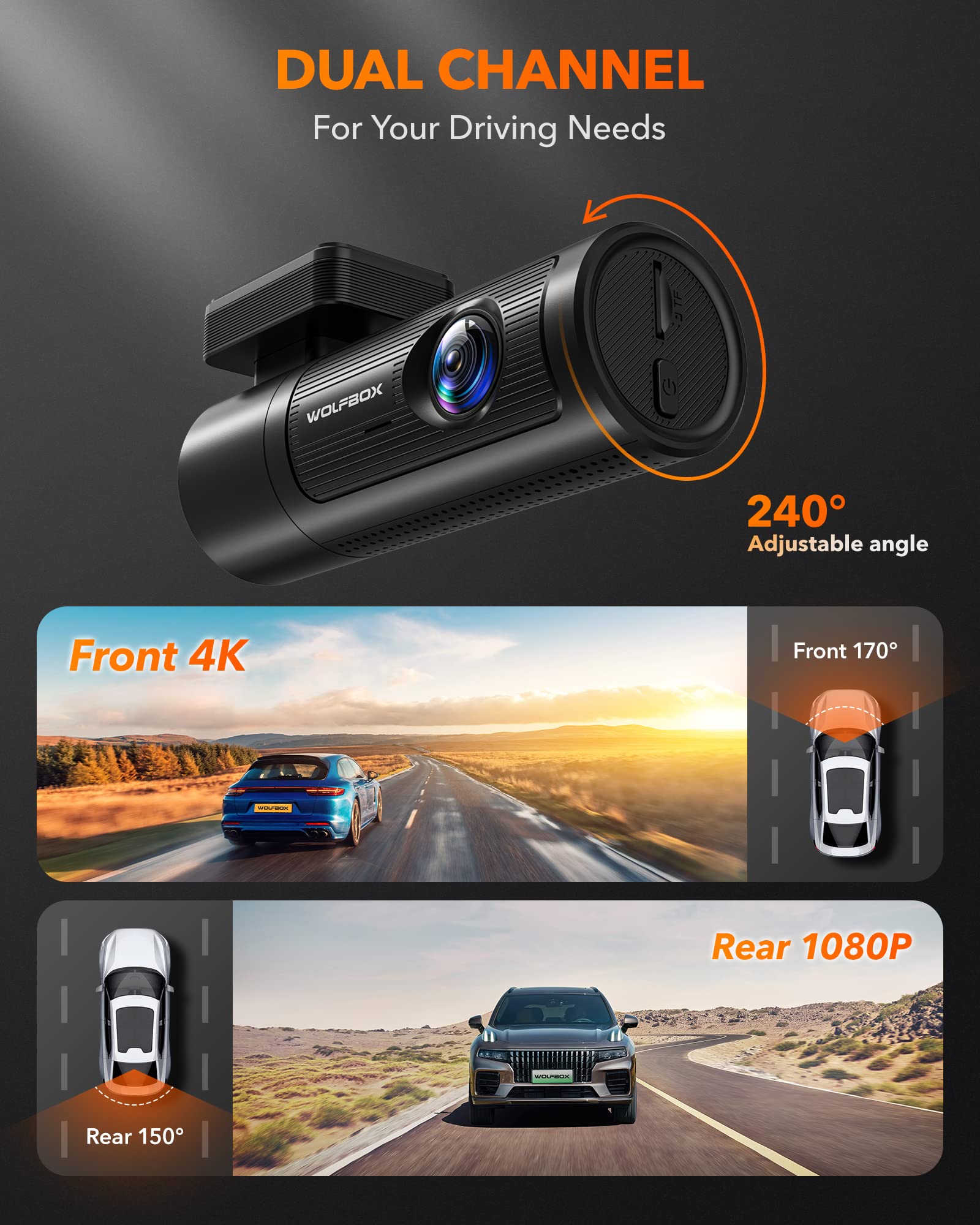 i05 | WOLFBOX Dash Cam Front and Rear, 4K Dash Cam with GPS WiFi UHD 2160P/1600P + 1080P camera wolfboxdashcamera