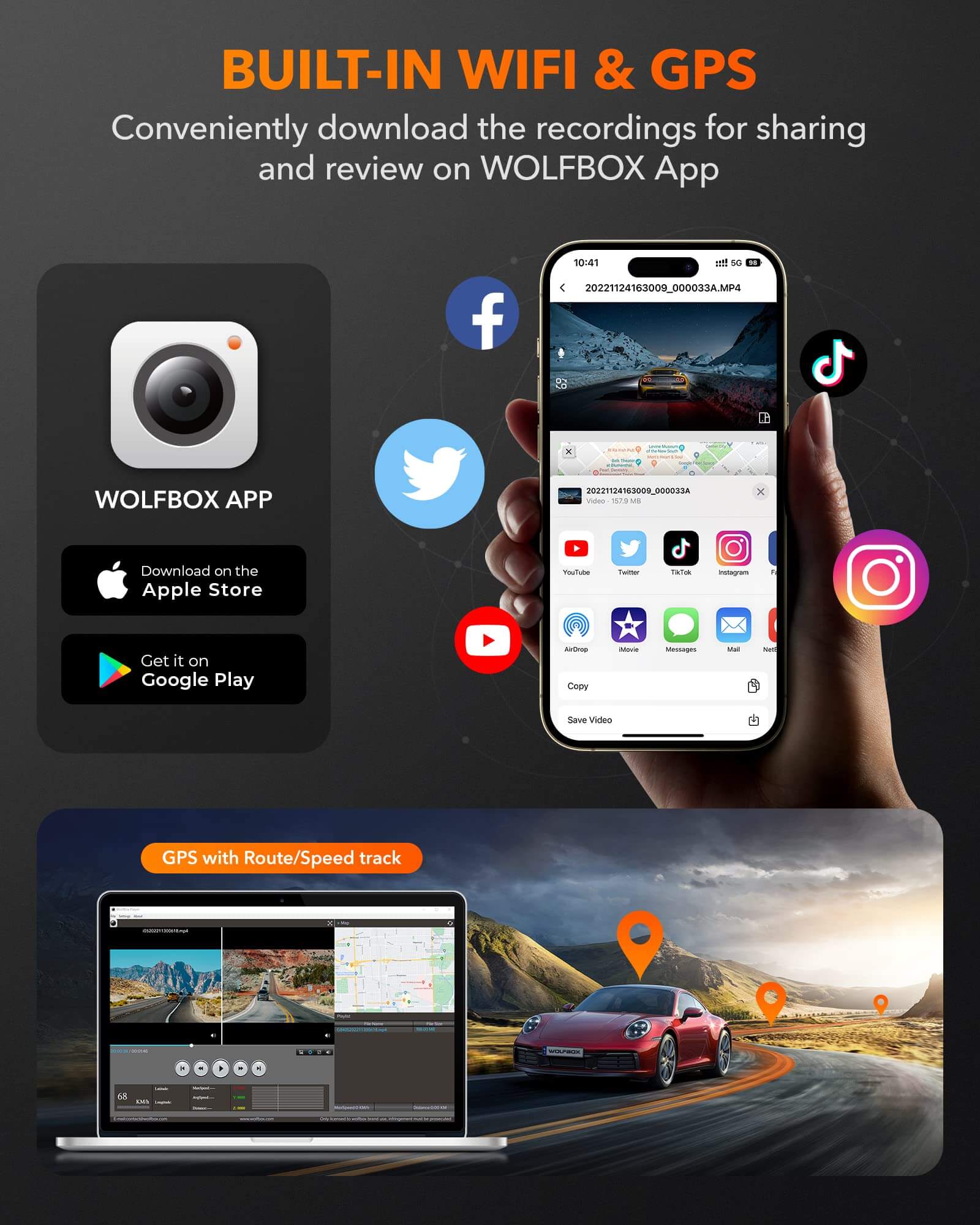 WOLFBOX G840H Wi-Fi Rear View Mirror Dash Cam camera wolfboxdashcamera