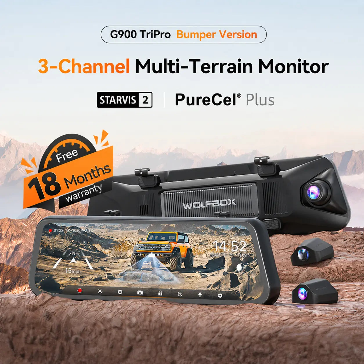 WOLFBOX G900 TriPro Bumper Version 3 Channel Rearview Mirror Camera