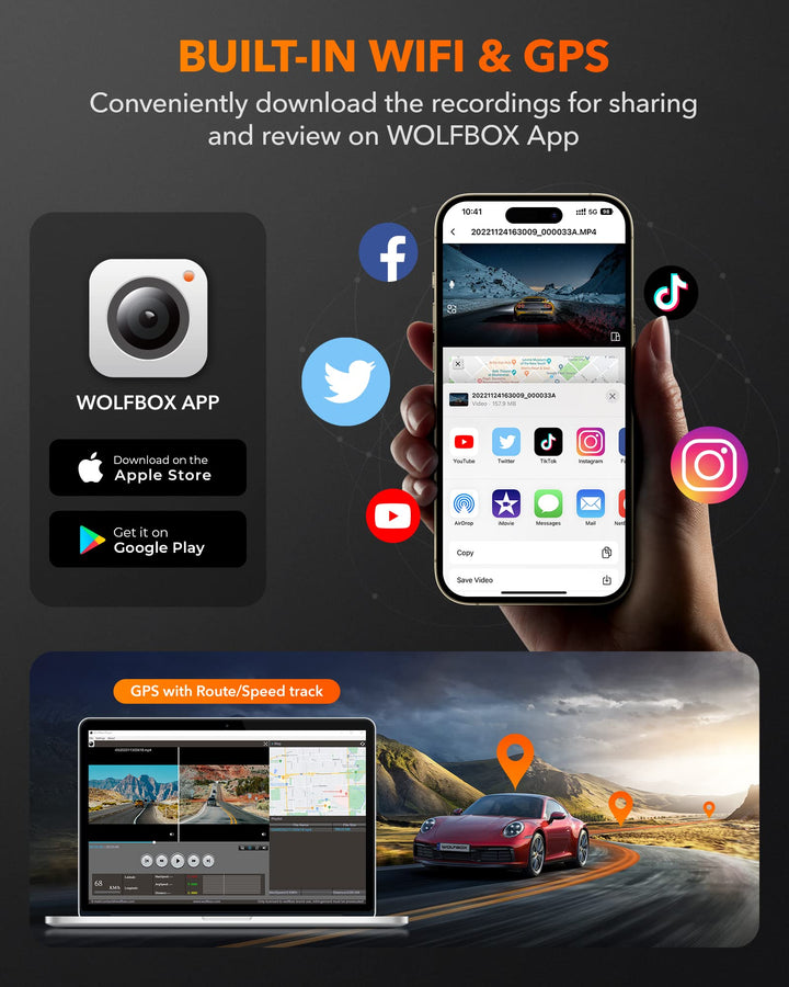 i05 | WOLFBOX Dash Cam Front and Rear, 4K Dash Cam with GPS WiFi UHD 2160P/1600P + 1080P camera wolfboxdashcamera   
